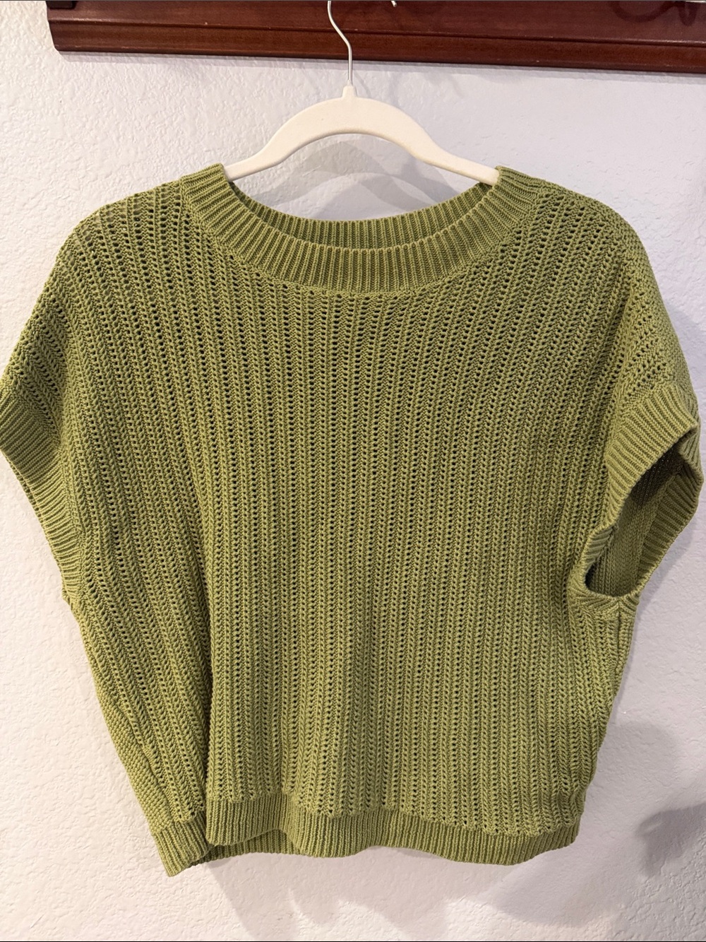Poetry Olive Green Open-Knit Short Sleeve Crew Sweater